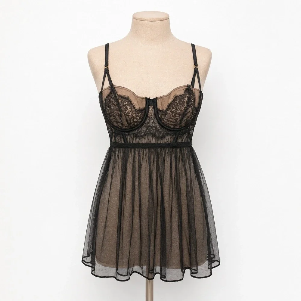 Victorias Secret Floral Lace Sheer Mesh Babydoll Lingerie Sz 34C Black Underwire